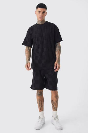 Tall Embossed Flannel Toweling Tee & Short Set In Black black