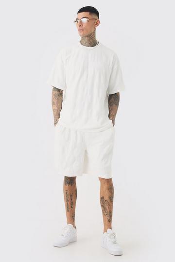 Tall Embossed Flannel Toweling T-Shirt & Short Set In White white