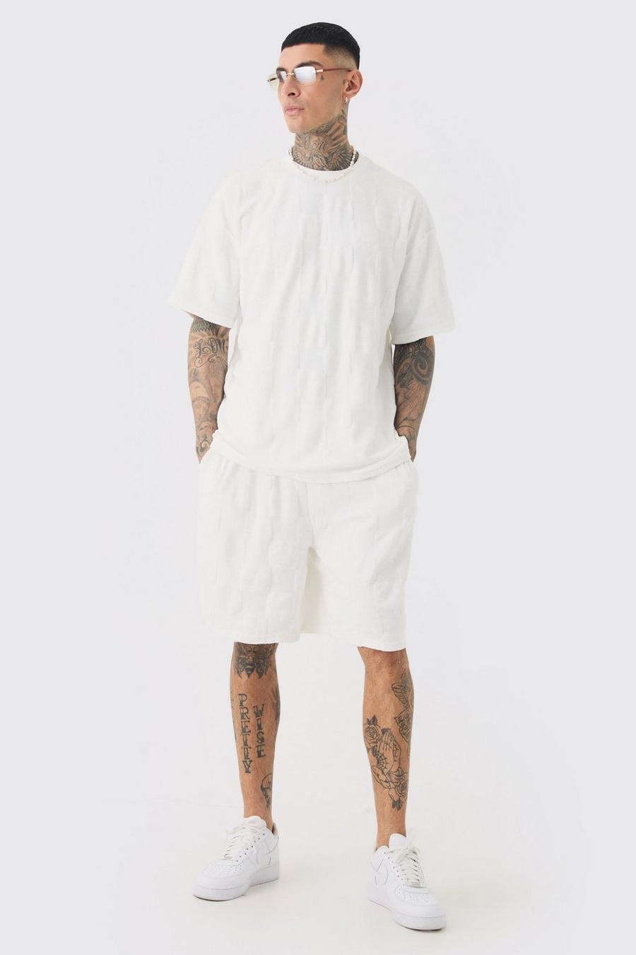 Tall Embossed Check Towelling T-Shirt & Short Set In White image number 1