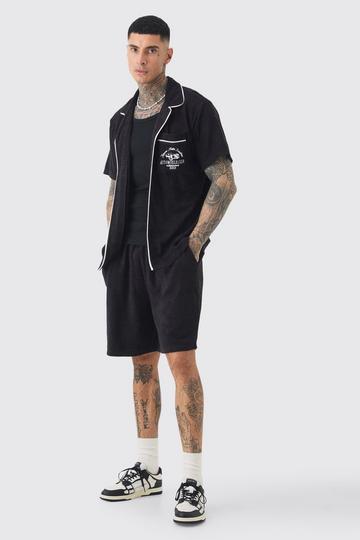 Tall Embroidered Towelling Shirt & Short Set In Black black