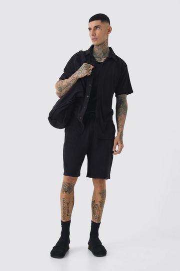 Tall Badstoffen Overhemd, Shorts En Tote Set black