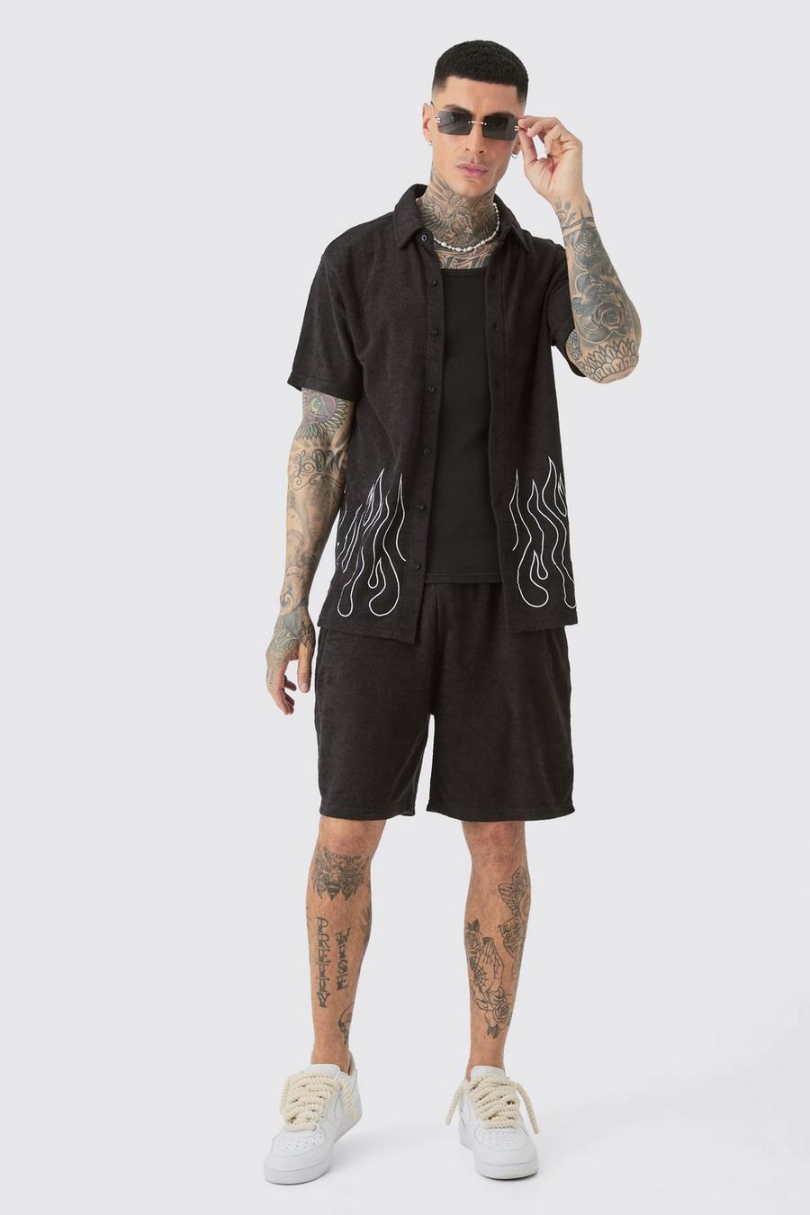 Tall Flame Embroidered Towelling Shirt & Short Set Black image number 1