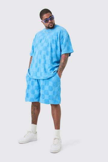 Plus Embossed Flannel Toweling T-Shirt & Short Set Blue blue