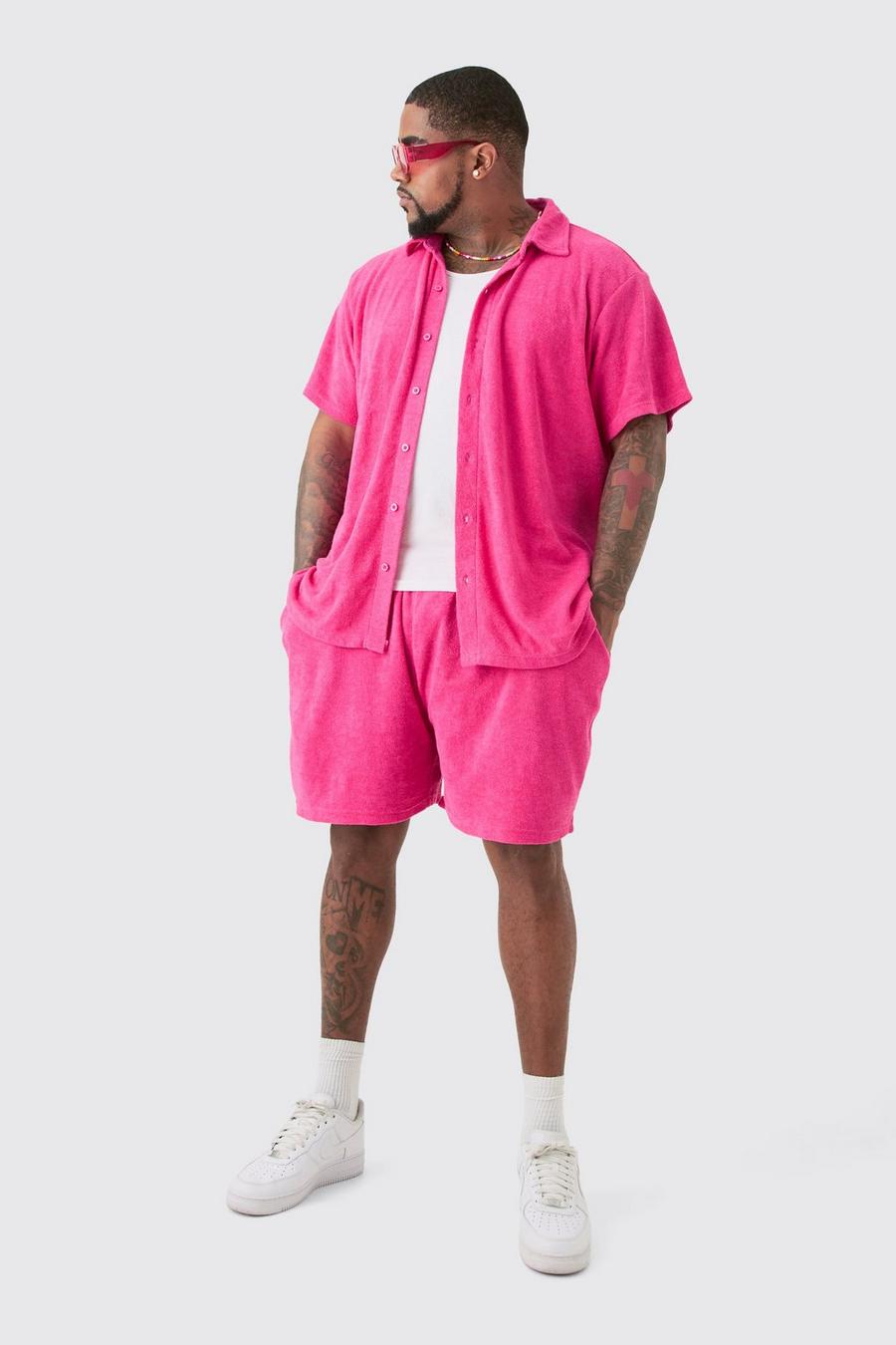 Plus Towelling Shirt & Short Set in Pink  image number 1