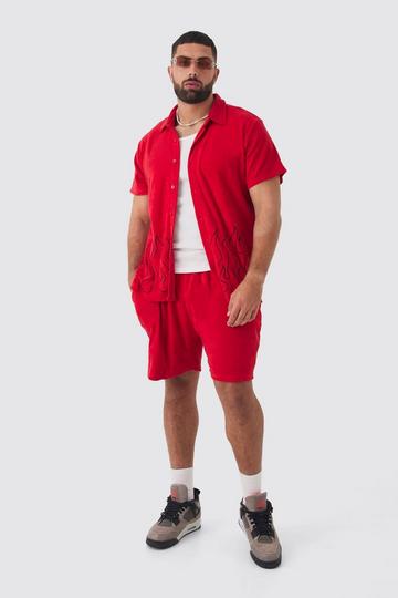 Plus Flame Embroidered Toweling Shirt & Short Set Red red