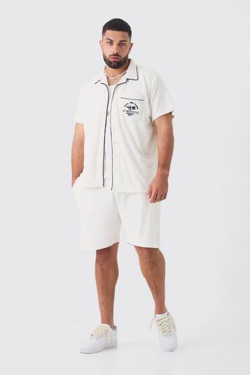 White Plus Embroidered Toweling Shirt & Short Set In White