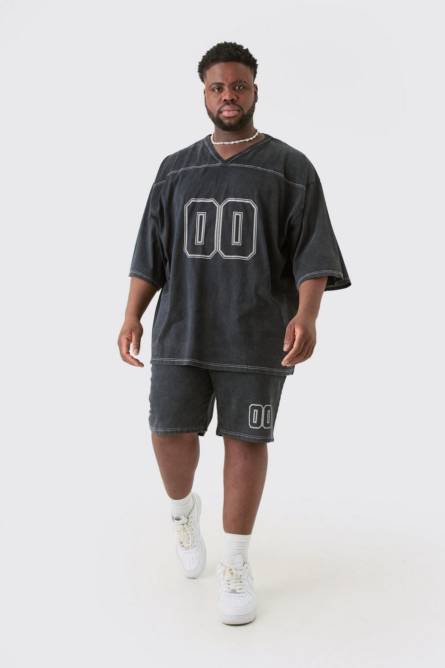 Set Plus Size T-shirt da calcio con cuciture a contrasto & pantaloncini, Black
