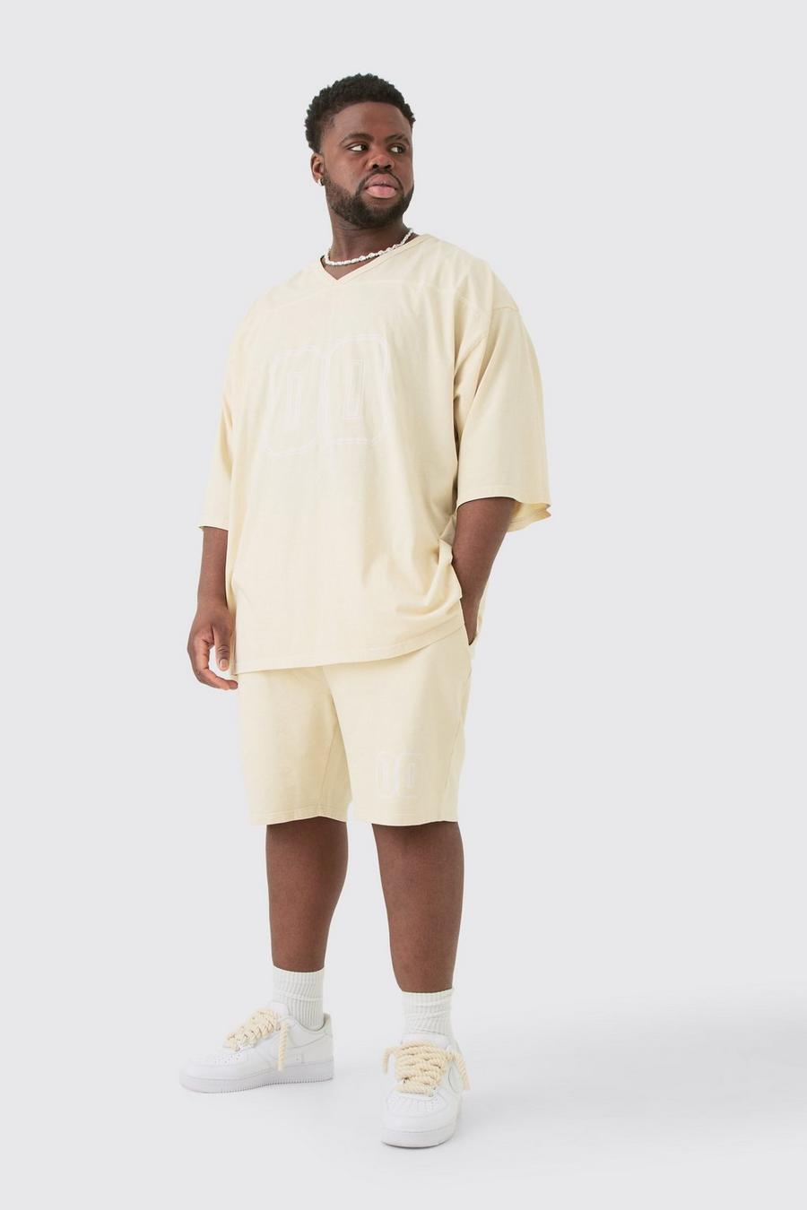 Set Plus Size T-shirt da calcio con cuciture a contrasto & pantaloncini, Stone