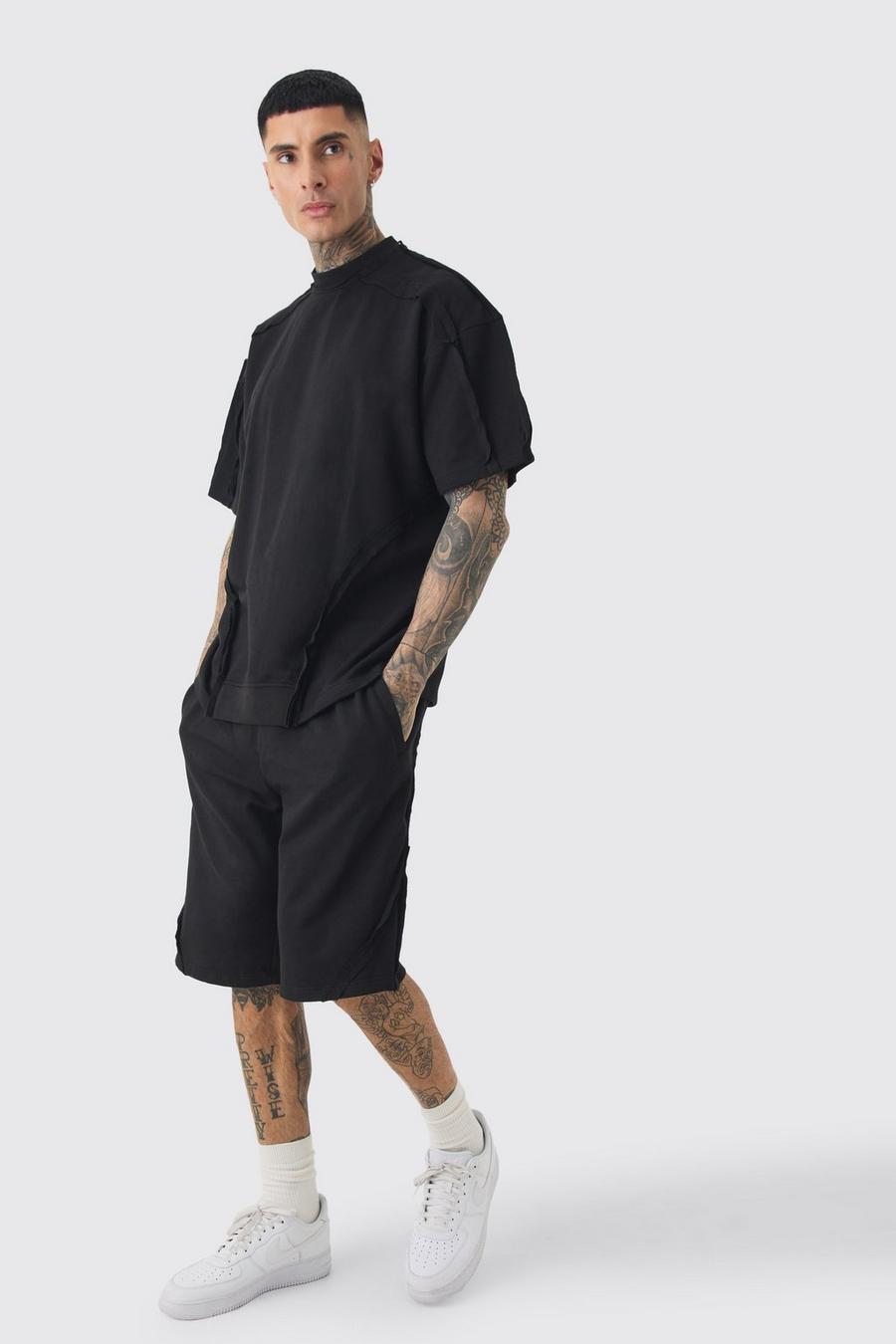 Conjunto Tall oversize de pantalón corto y camiseta con cuello extendido y costuras desgastadas, Black