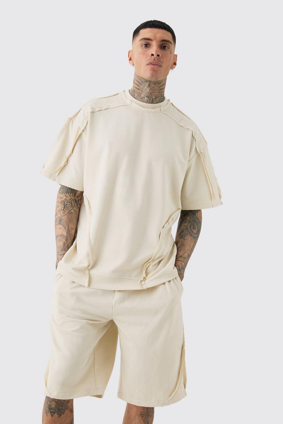 Set Tall T-shirt oversize con girocollo esteso, cuciture & pantaloncini, Stone