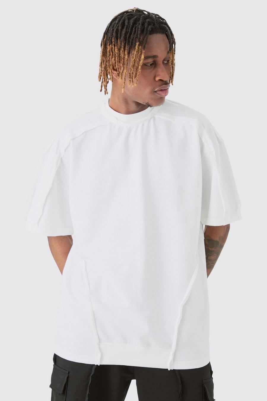 White Tall Oversized Extended Neck Distressed Seam T-shirt image number 1