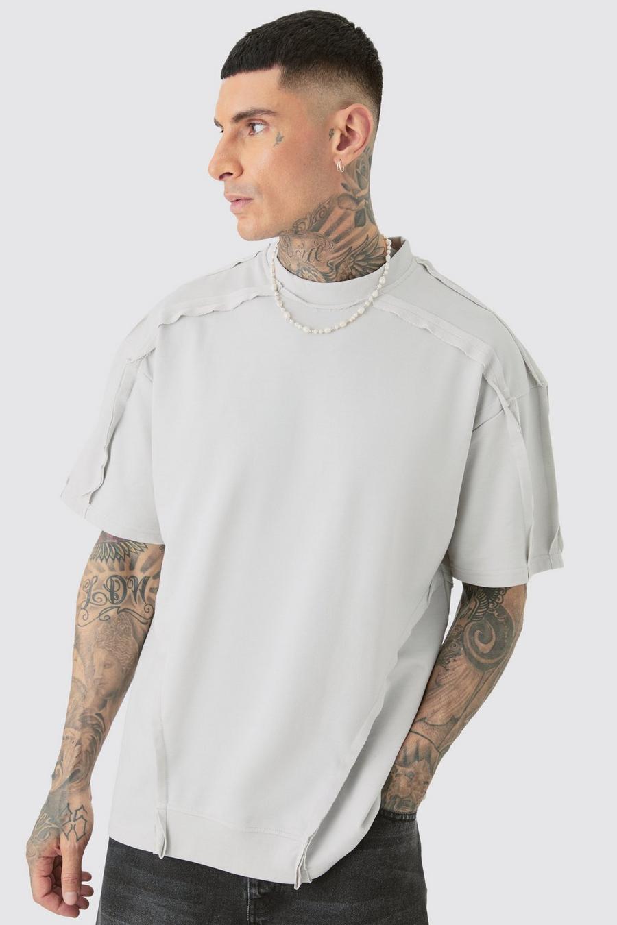 Light grey Tall Oversized Extended Neck Distressed Seam T-shirt