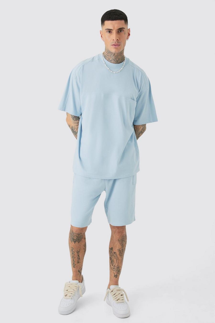 Conjunto Tall oversize de pantalón corto cargo y camiseta con panel y cuello extendido, Light blue