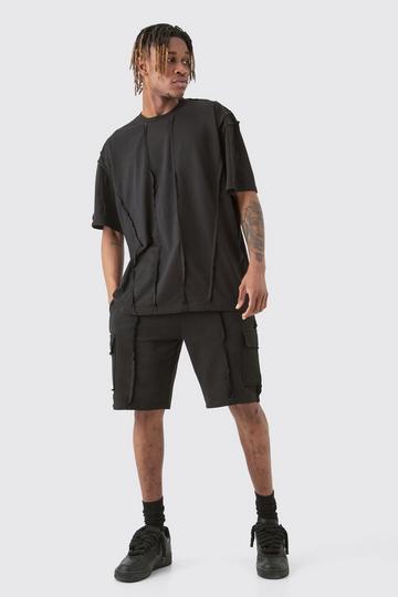 Black Tall Oversized Raw Interlock Seam T-shirt & Cargo Short Set