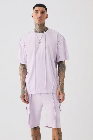 Lilac Purple Tall Oversized Raw Interlock Seam T-shirt & Cargo Short Set