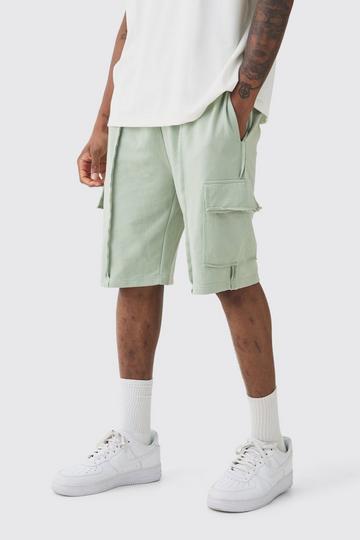 Sage Green Tall Loose Fit Raw Interlock Seam Cargo Jersey Short