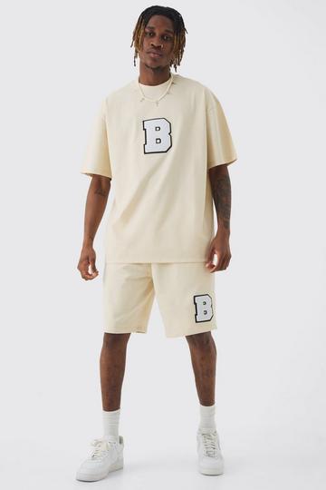 Stone Beige Tall Oversized Applique T-shirt & Short Set