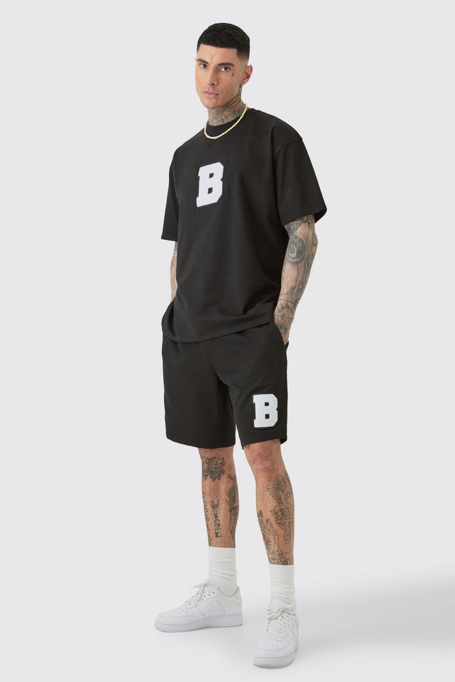 Black Tall Oversized Extended Neck Applique T-shirt & Short Set