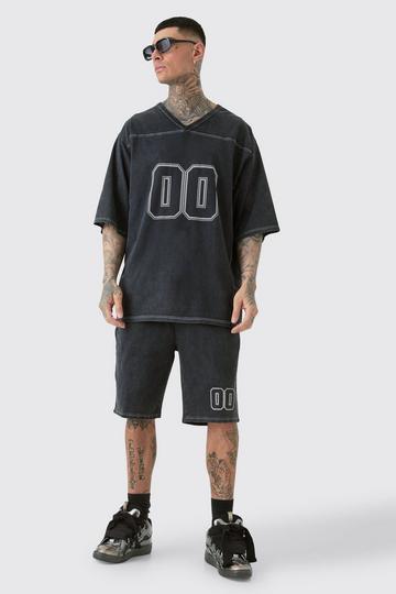 Tall Contrast Stitch Varsity T-shirt & Short Set black