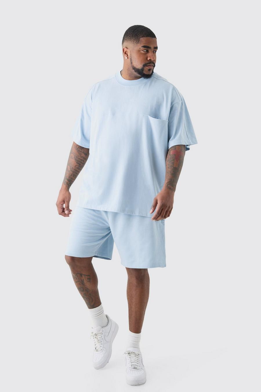 Light blue Plus Oversized T-Shirt Met Brede Nek En Panelen En Cargo Shorts Set