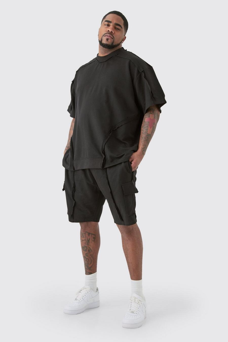Black Plus Oversized Extended Neck Distressed Seam T-shirt & Short Set image number 1