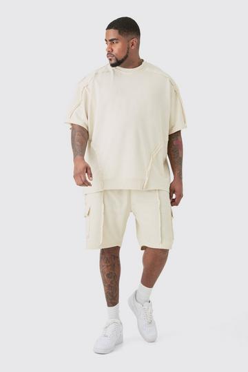 Stone Beige Plus Oversized Extended Neck Distressed Seam T-shirt & Short Set