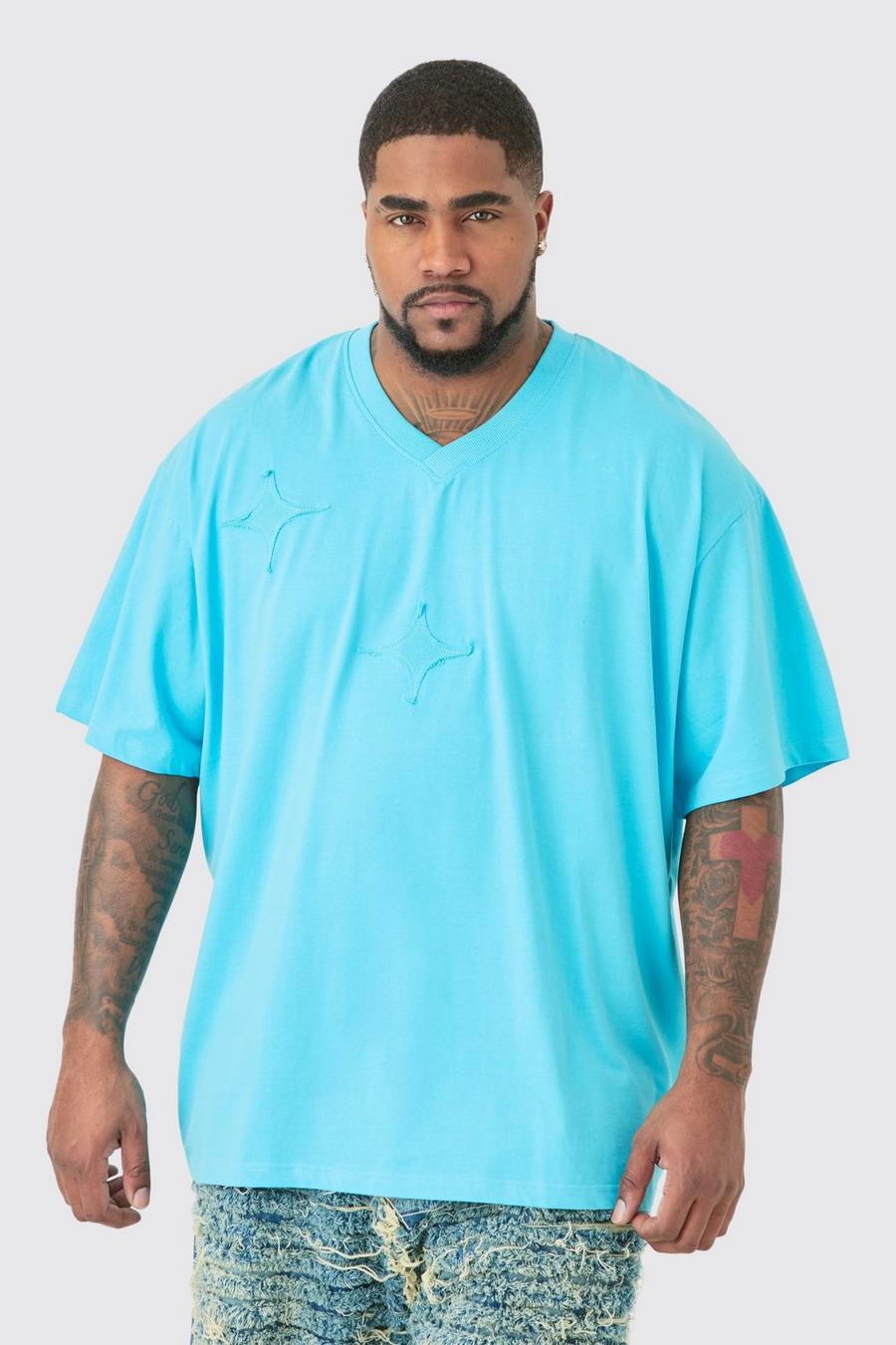 Plus Distressed Applique Loose V Neck T Shirt In Blue image number 1