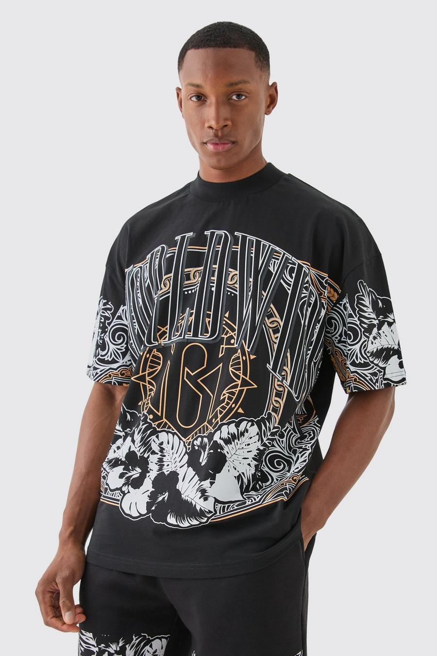 Camiseta oversize con cuello extendido y estampado gráfico Worldwide grande, Black