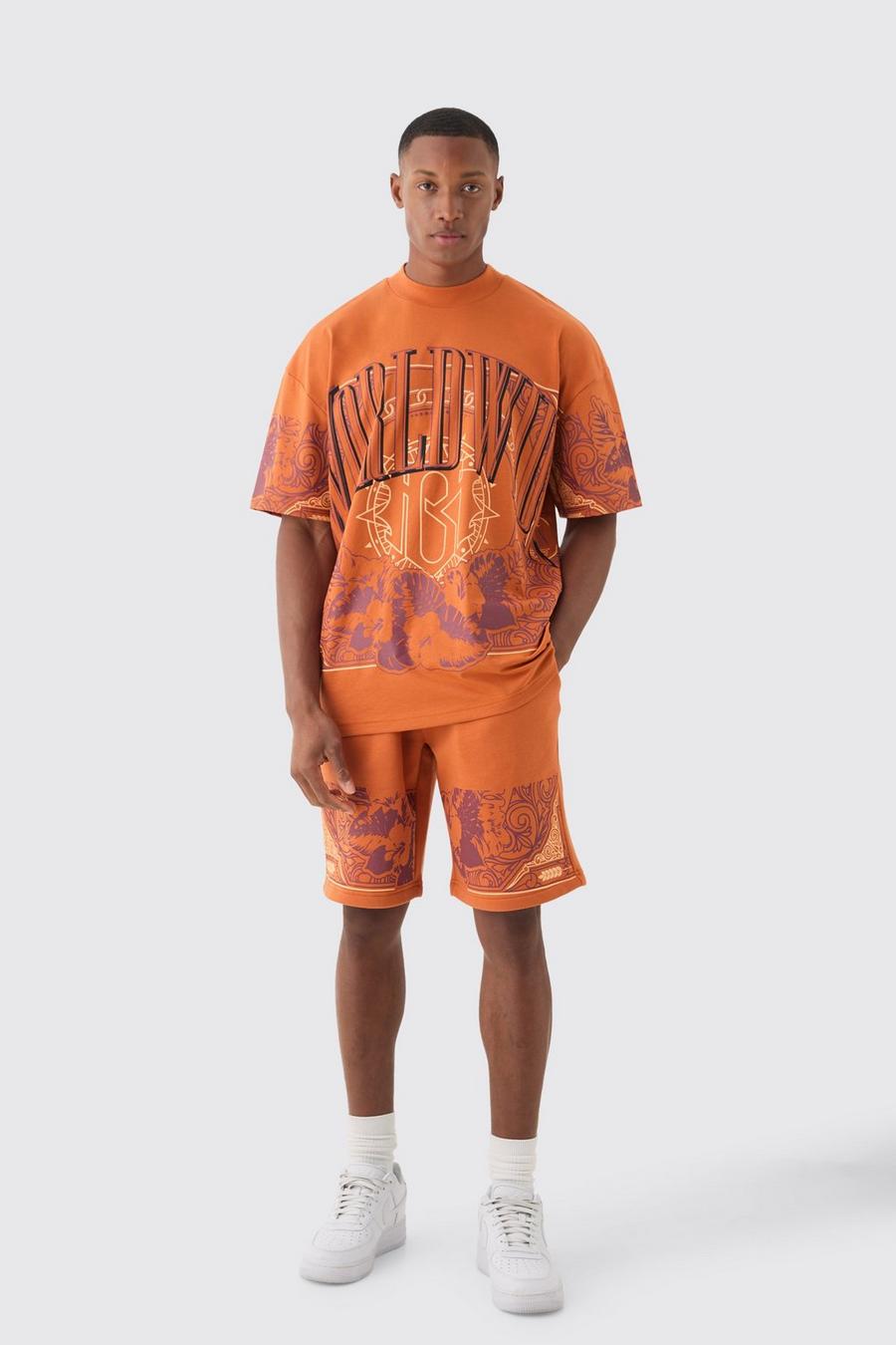 Pantalón corto y camiseta oversize con cuello extendido y estampado gráfico Worldwide, Rust