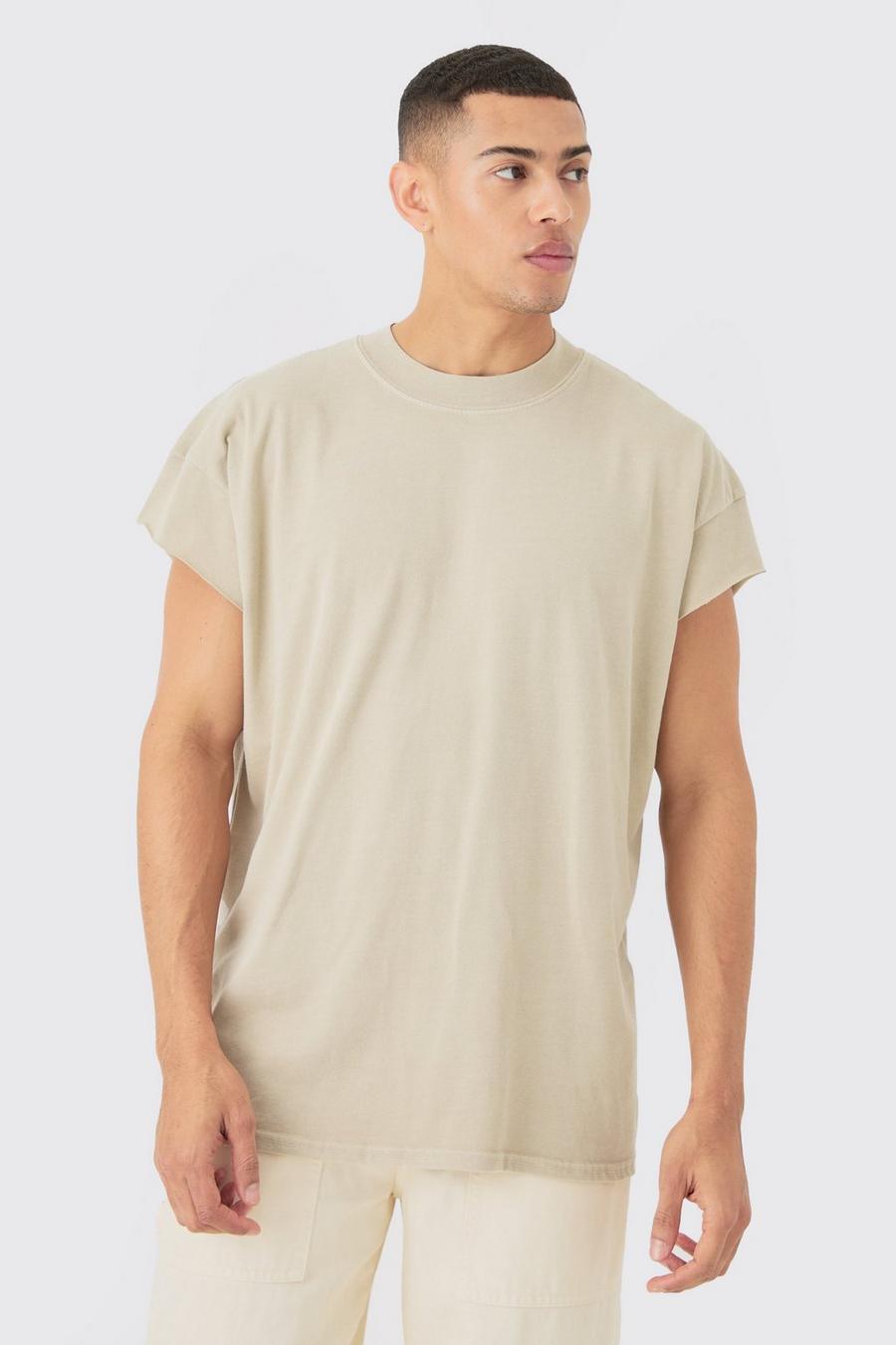 Camiseta oversize desteñida con abertura en las mangas, Stone
