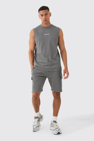 Man Wafel Gebreide Regular Fit Tank Top En Cargo Shorts Set charcoal