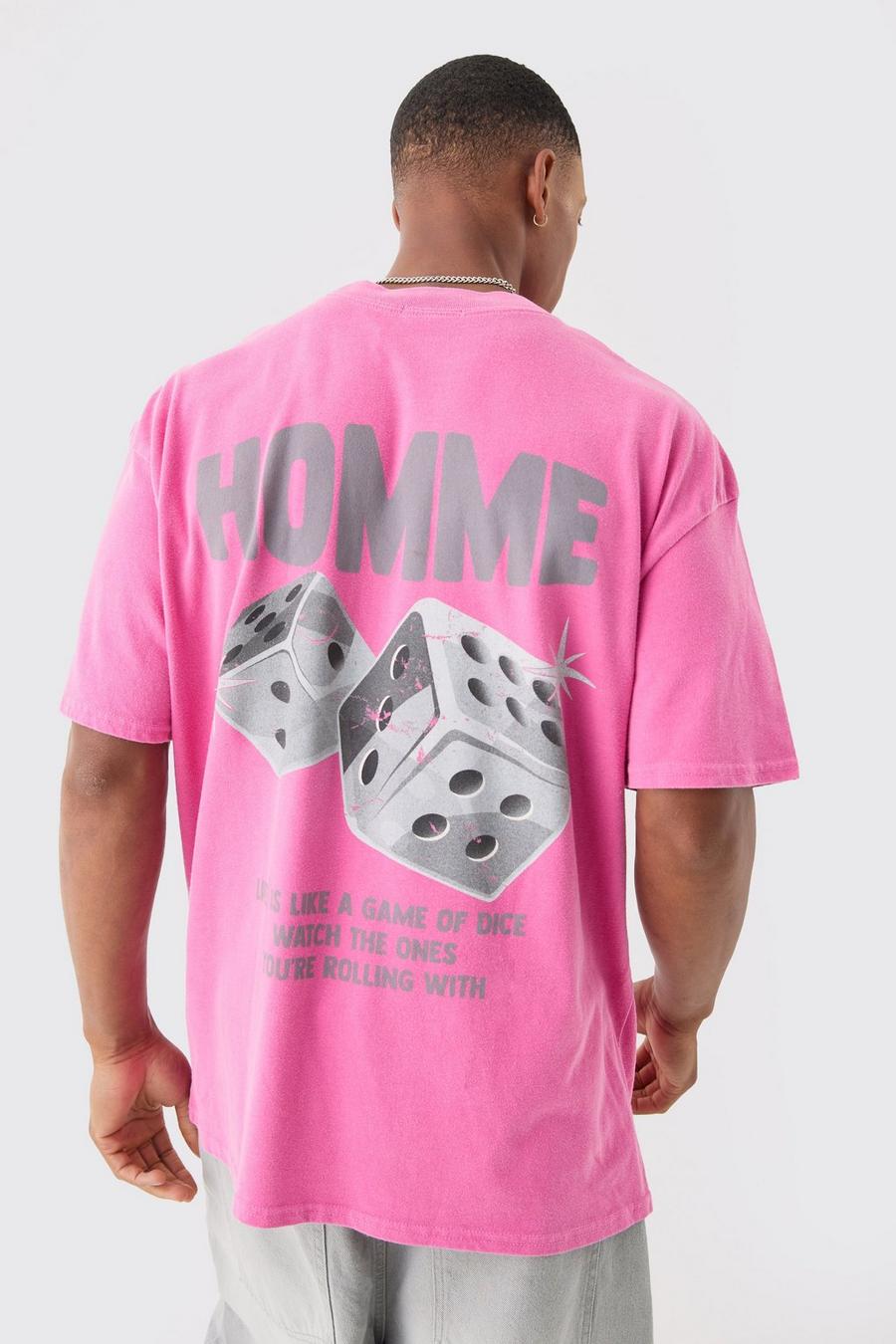 Pink Oversized Extended Neck Dice Wash T-shirt image number 1