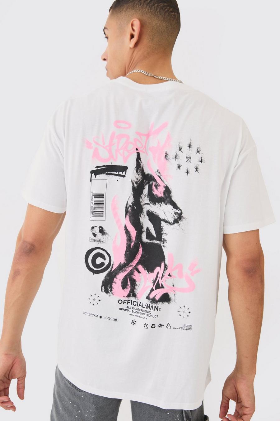 White Oversized Honden Graffiti T-Shirt Met Print image number 1