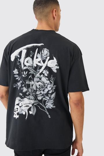 Oversized Tokyo Floral Print T-shirt black