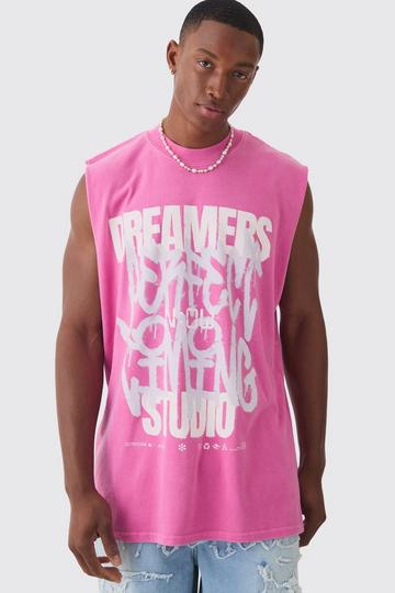 Oversized Dreamers Graffiti Printed Wash Tank pink