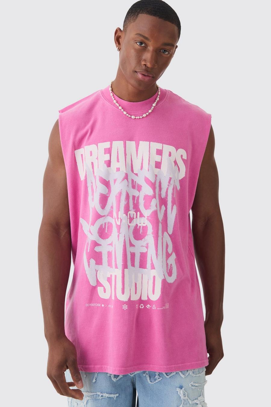 Pink Oversized Gebleekte Dreamers Graffiti Tank Top image number 1