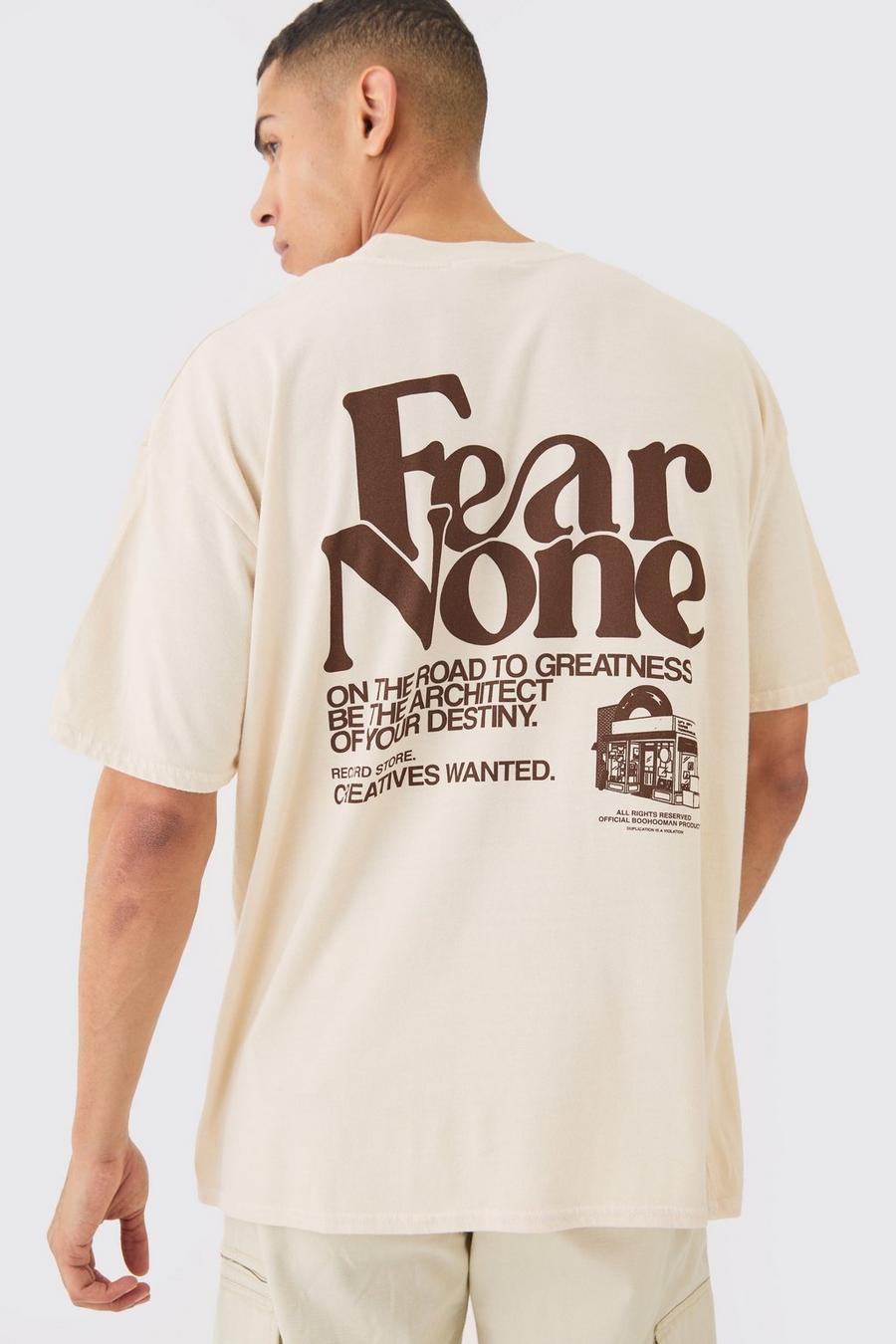 Camiseta oversize con lavado a la piedra y estampado Fear None, Ecru image number 1