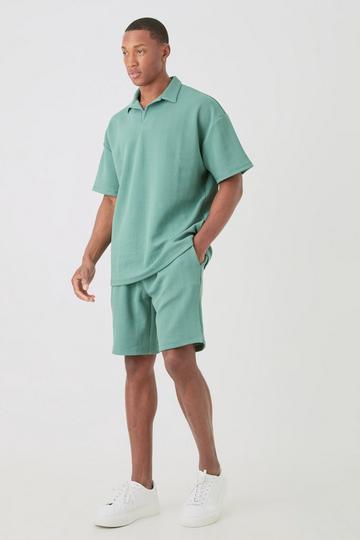 Green Oversized Herringbone Polo And Short Set