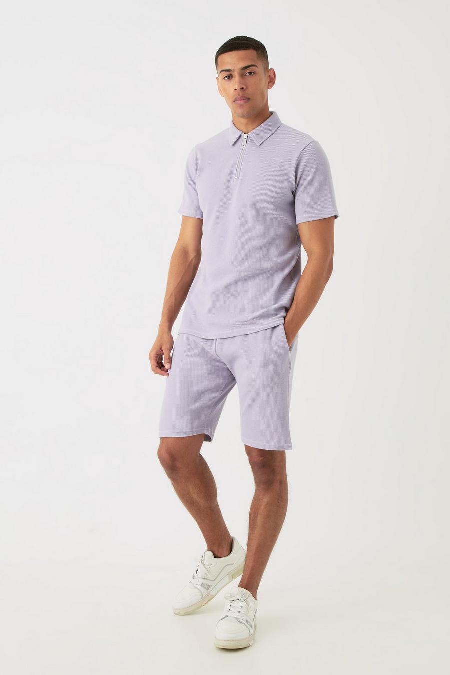 Purple Wafel Gebreide Slim Fit Polo En Shorts Set