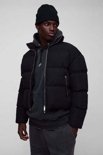 Black Man Boxy Fit Funnel Neck Puffer Coat In Black