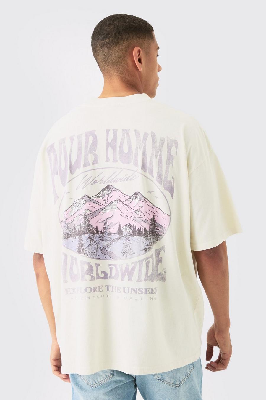 T-shirt oversize Pour Homme in lavaggio con stampa di paesaggio, Ecru