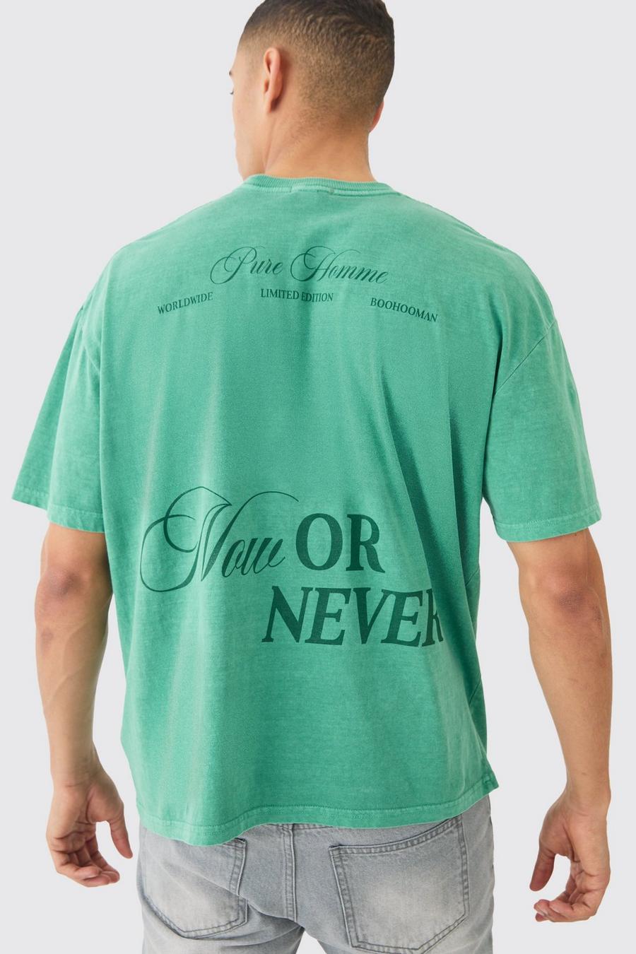 Green Oversized Now Or Never Back Print Washed T-shirt image number 1