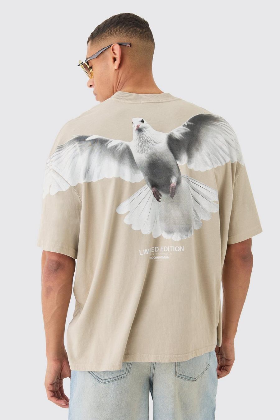 Camiseta oversize con estampado gráfico de paloma a gran escala, Stone image number 1