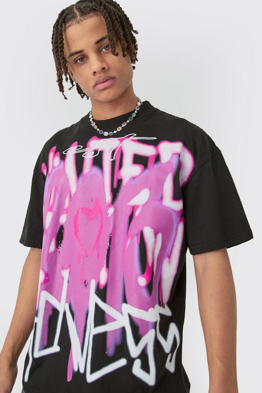 Camiseta oversize con estampado de grafiti a gran escala, Black image number 1