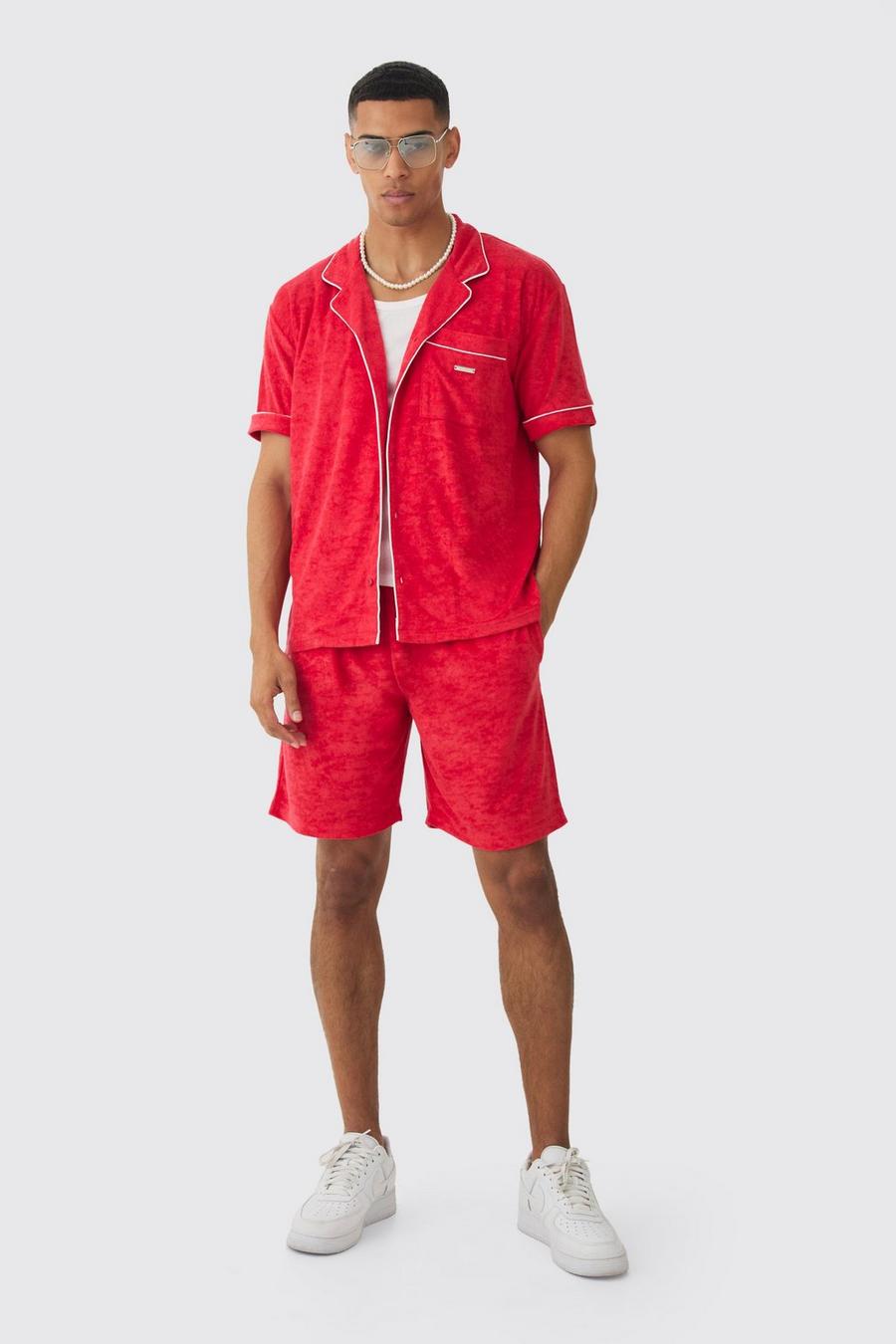 Red Contrast Piping Towelling Shirt And Short Set 