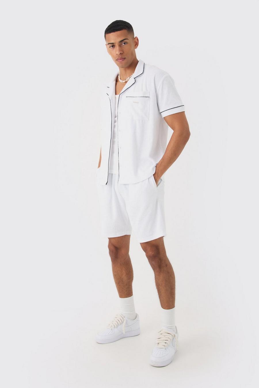 White Contrast Piping Towelling Shirt And Short Set image number 1