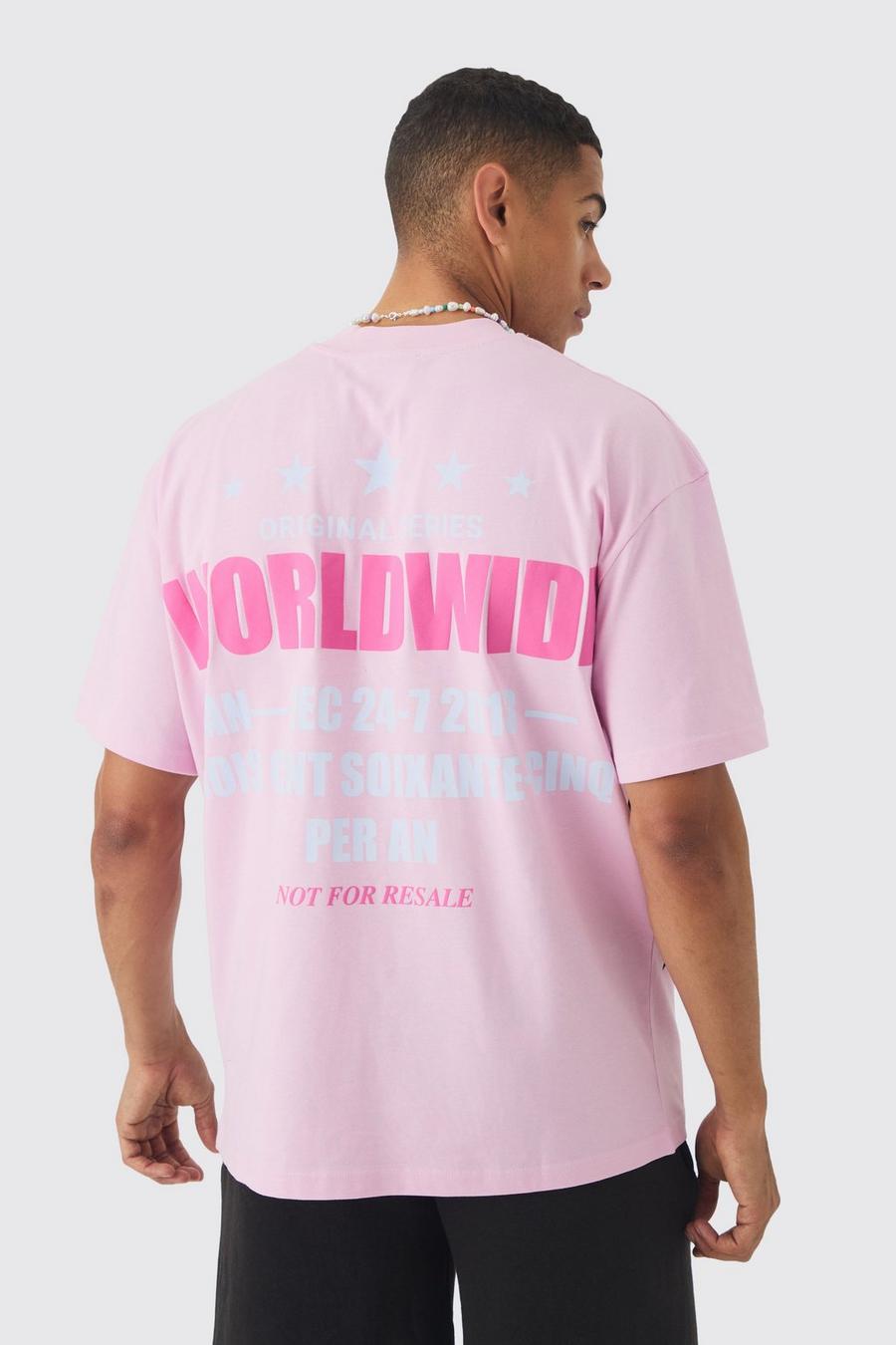 Pink Oversized Extended Neck Distressed Worldwide T-shirt image number 1