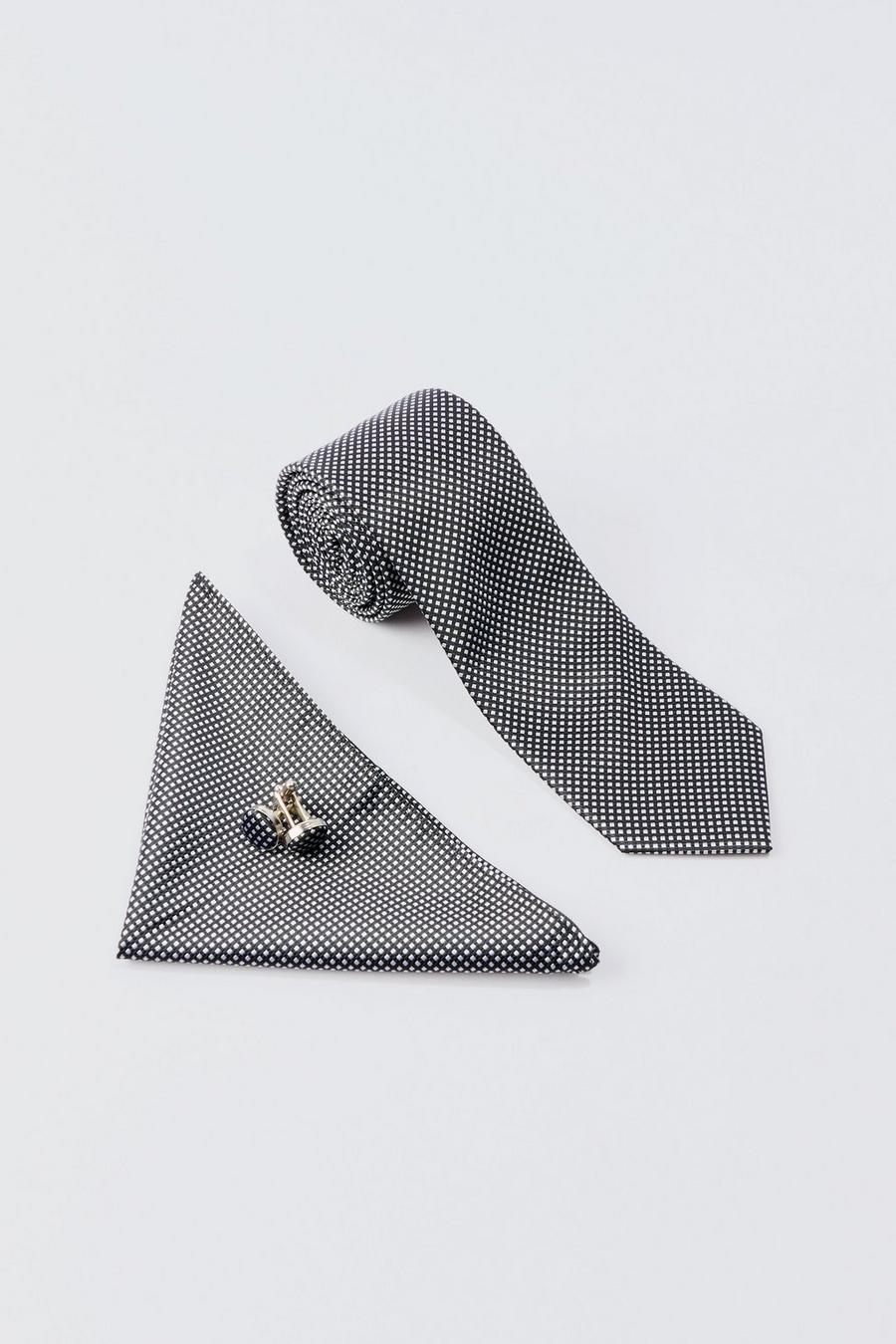Slim Tie, Pocket Square And Cuff Links Set In Black