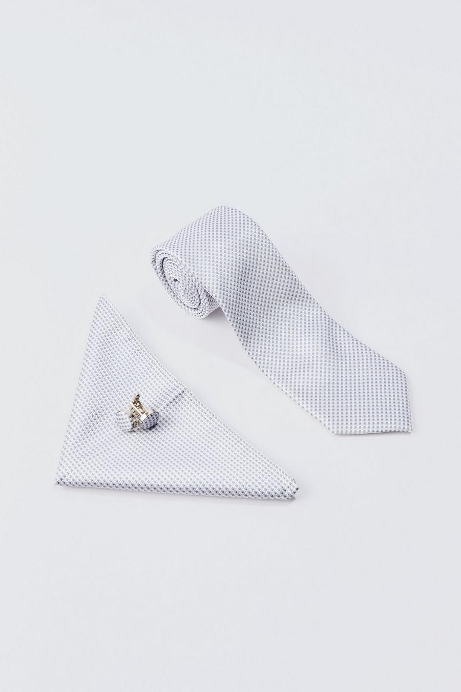 Slim Tie, Pocket Square And Cuff Links Set In Light Grey
