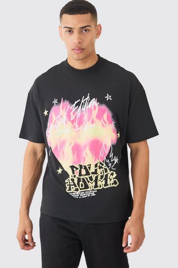 Oversized Extended Neck Heart Flame T-shirt black